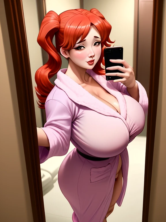 darkskin++, orange hair+++, hair down, pink eyes, big breast++, thick lips, pink bows+, detailed eyes+, (highest quality, amazing details:1.3), (solo:1.3), masterpiece, clevage, masterpiece, big lips+, juicy lips+ ,cleavage, juicy lips, pink bows, room background+, lingerie+, pink bows+, stand up+, selfie++, selfie pic+, phone+, phone in hand, smile++, full body pic, full body+,