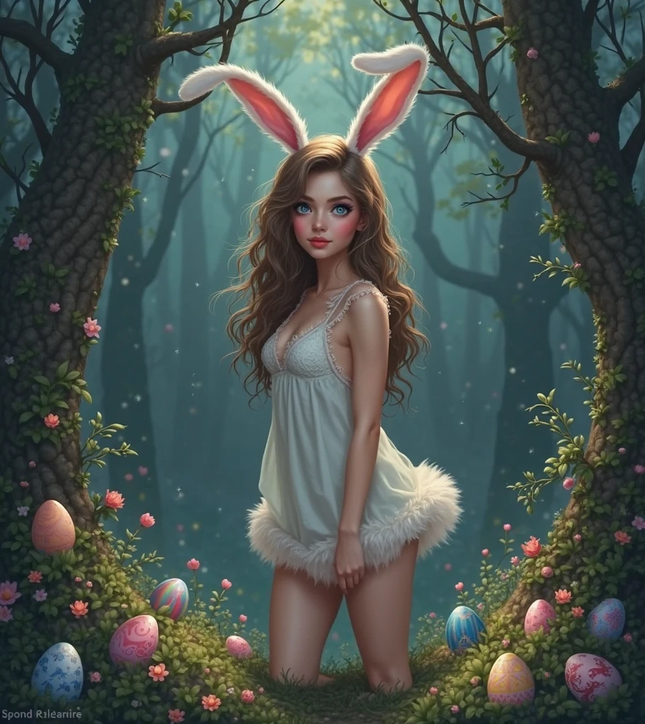a girl in a garden, detailed eyes, beautiful detailed lips, extremely detailed face, long eyelashes, goddess, elegant, graceful, beautiful, fantasy, magical, mystical, ethereal, whimsical, colorful mushrooms, forest, trees, moonlight, fireflies, glowing mushrooms, champagne glasses, champagne bottle, dancing, music notes, celebration, festive, nude, erotic, sensual