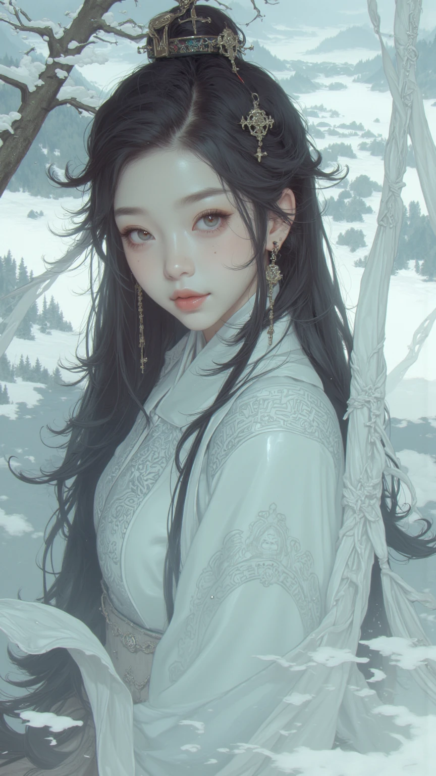 ((Snow Spirit)), ((Full Shot)), (((Intense snow and wind blow the spirit's body)), Snow Spirit has a pure white and beautiful face, looks lonely, wears (((White kimono)), skin is translucent white, (((hair is long and black)), eyes shine blue, (((Strong wind violently shakes the spirit's long black hair))), In the darkness only the snow spirit is illuminated and fantastic, photorealistic, Watercolor, wet-on-wet or splatter technique, perfect composition, abstract, surrealism, masterpiece, highest quality, ultra detail, HDR, 8K