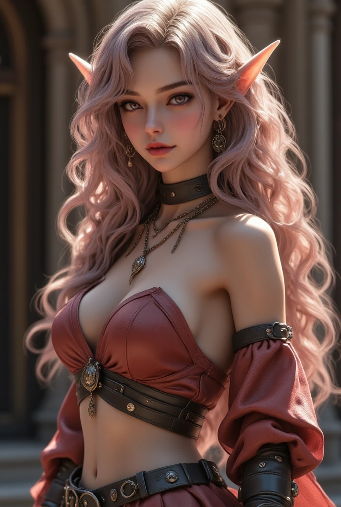Young woman,Twenty-five years old, Beautiful face, Asian face, Long pink hair, Wearing Central European clothing, Big chest, Thin waist, Big butt, In the bar, Painting style: realistic
