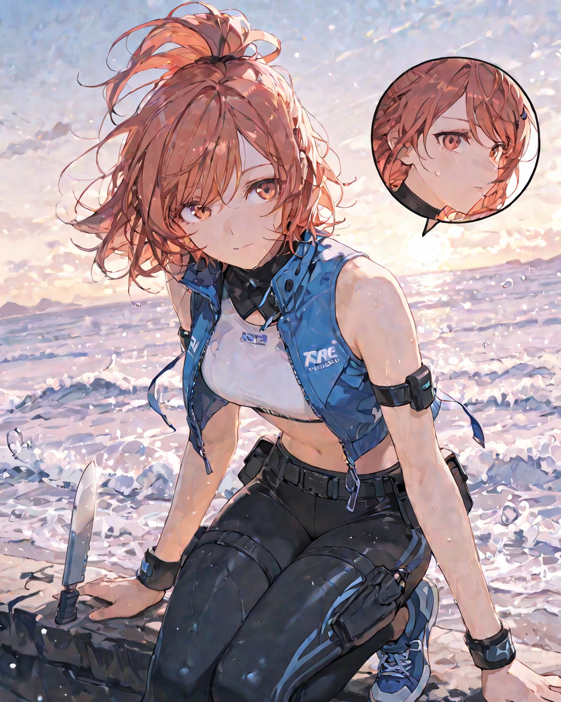 best quality, masterpiece, highres, solo, {croissant_arknights:1.15}, horns, orange_hair, green_eyes, bangs, smile, ahoge, long_hair, open_mouth, upper_body, breasts, visor_cap, midriff, cow_horns, short_hair