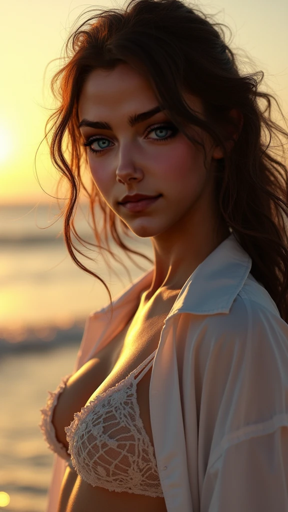 (best quality,4k,8k,highres,masterpiece:1.2), ultra-detailed, realistic, photorealistic:1.37, beautiful detailed eyes, beautiful detailed lips, joyful expression, extremely detailed face, long eyelashes, intimate view, slender, soft lighting, vibrant colors, sensual atmosphere, intimate moment, timid expression, perky, ponytail hairstyle, black hair, blue eyes, flawless skin texture, gentle breeze, slight smile, oversized t-shirt, on a beach, sunset