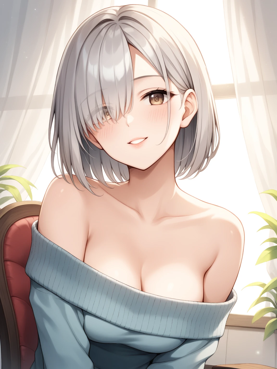 Anime drawing, white hair, bob, beautiful breasts, blowjob