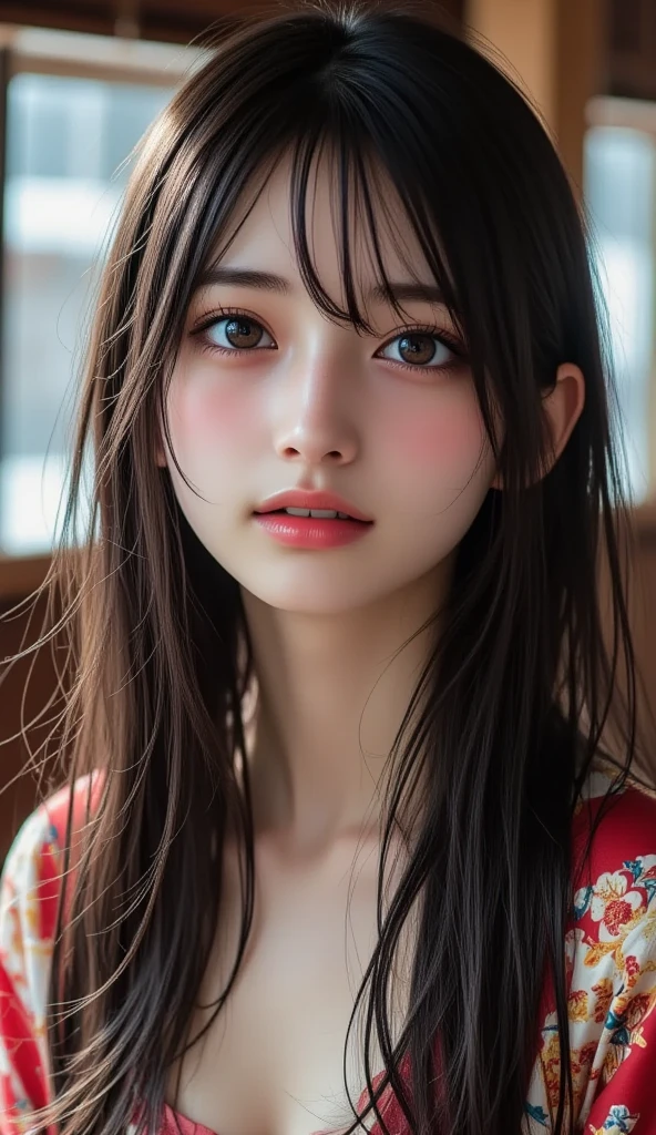 Masterpiece, Highest quality, (((Masterpiece))), (((Maximum level))), ((extra fine)), (illustration), ((Extremely delicate and beautiful)), Dynamic Angle, Floating, , (Beautiful detailed eyes), (Detailed light), (1 girl), Medium bust, long whitr hair, dark brown sparkling eyes, black color hair, Natural, (Sunlight),, Slight smile, Pastel colors, full anatomy, The upper part of the body, highly detailed beautiful face,Pink fox ears,Realistic hair,Pose for a photo