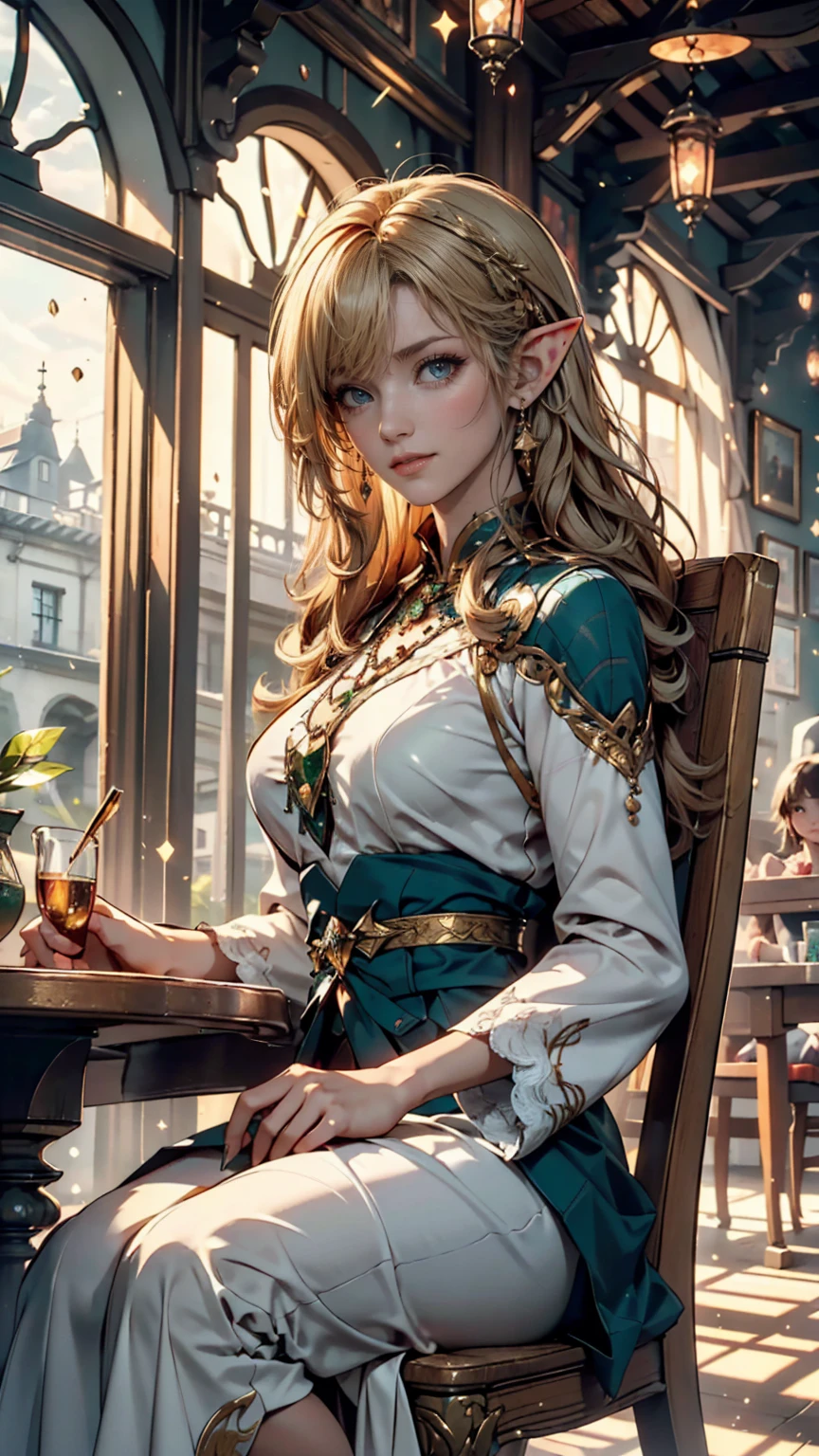 1Girl, Elf, Short blonde hair, beautiful, green eyes, hot, medium breasts, ((wearing a medieval dress, corset)), ((Sit down in a forest))