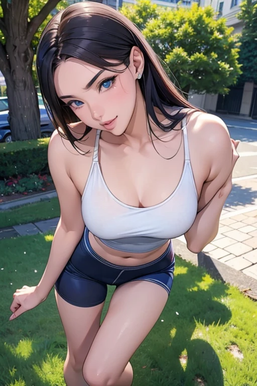 Female Athletes, ((masterpiece, Highest quality, Best image quality, High resolution, Realistic, RAW Photos, 8K)), ((非常に詳細な CG 統合 8K 壁紙)), (Huge and stunning goddess shot, Very hot and sexy, Incredible beauty, Perfect proportions, Beautiful body, Slim body beauty:1.4), Female Athletes on the track, スポーツブラを着用したFemale Athletes, trunks, shoes, Sweaty, White running sweatshirt, Outdoor, On a very hot day, Keep your hands on your hips、stand with feet apart, Look up at the sky, From behind, Amidst enthusiasm and cheers, With the right hands and fingers, Detailed skin and sweat,Showing off pussy、With bangs、(Spread your legs:1.3)