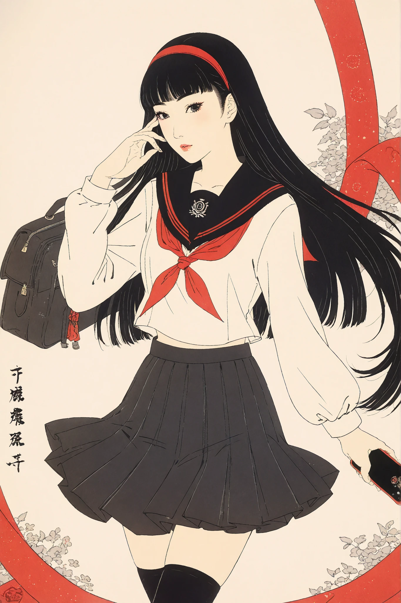 Score_9, Score_8_up, ((masterpiece,best quality,high detailed)), beautiful face,turime,black hair,long straight hair ,Bob,hime cut, long hair,((wearing Japanese school black sailor uniform with mini black skirt, red ribbon,long sleeve)),((smartphone)),school girl,black socks ,ukiyo-e,Utamaro_style,school sailor,yukikodancing