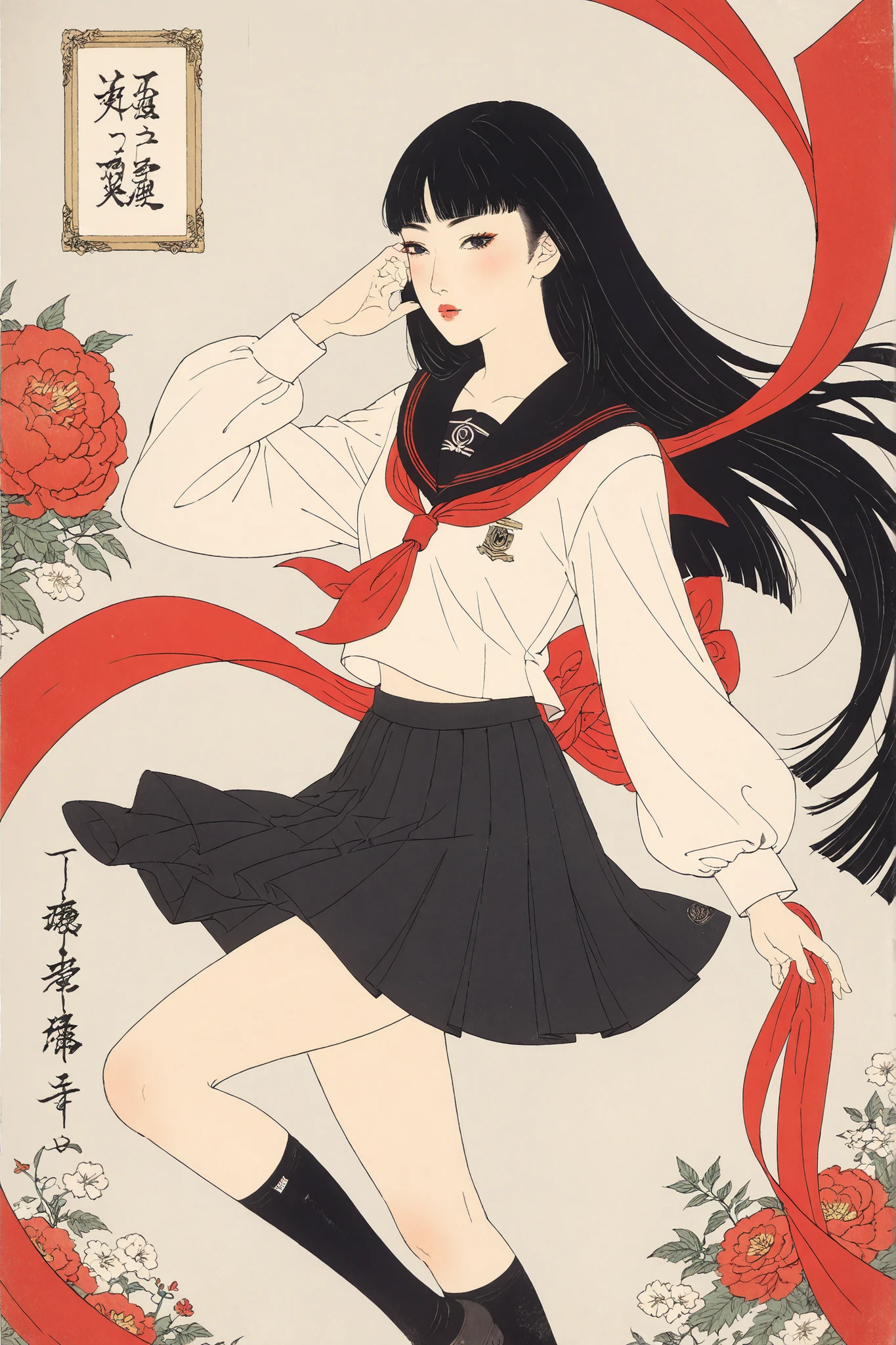 Score_9, Score_8_up, ((masterpiece,best quality,high detailed)), beautiful face,turime,black hair,long straight hair ,Bob,hime cut, long hair,((wearing Japanese school black sailor uniform with mini black skirt, red ribbon,long sleeve)),((smartphone)),school girl,black socks ,ukiyo-e,Utamaro_style,school sailor,yukikodancing