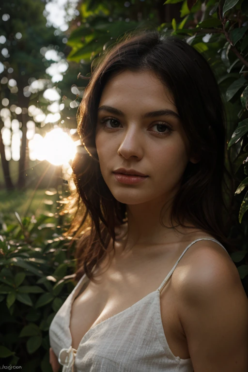 A warm and bright scene where a man finds a woman under a leafy tree. The woman radiates soft light, symbolizing inspiration and blessing, with a golden sky at sunset that envelops the scene."