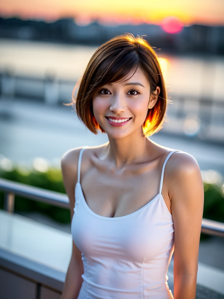masterpiece, Highest quality:1.1), (8k, RAW Photos, Realistic:1.2, f22), (Glowing Skin), Detailed skin,Long Hair,Detailed face, Detailed eyes, smilee, Real World, Intricate details, smile, One person,mini skirt, Cleavage,from the front ,Adorable 、Full body angle、Boyish ultra-short hair、Sweep your hair back、50-year-old woman