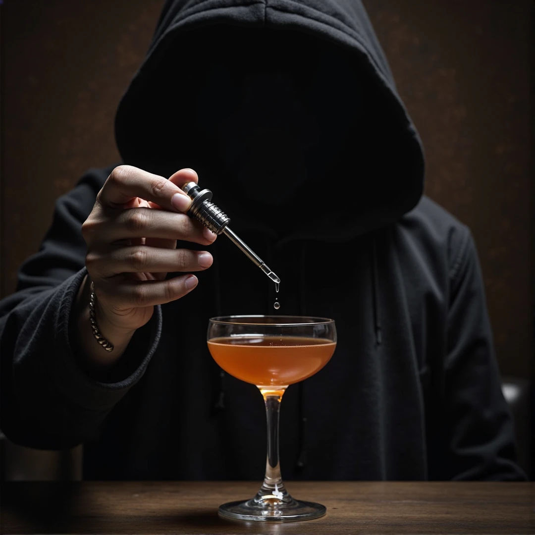 Black gloved hands of a man in black standing near a shadow pouring powder into a cocktail glass with red tones