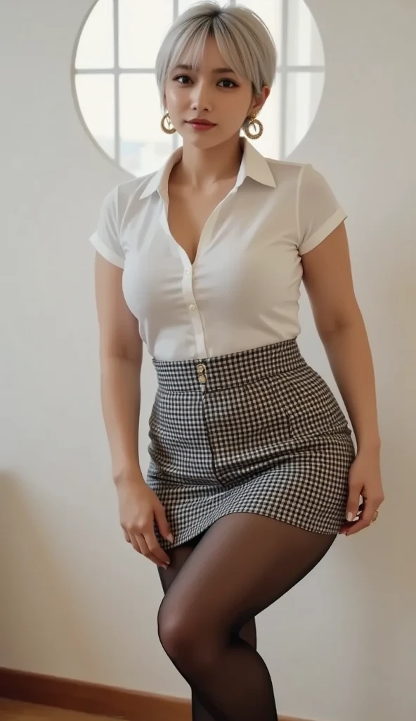 ((best quality, 8K, masterpiece)), ultra-detailed, sharp focus, 1 beautiful woman, updo, (white button shirt), ((black tight shirt:1.4)), black tight skirt, highly detailed face and skin texture, ((detailed eyes)), ((beautiful eyes:1.2)), smile, cafe, sitting, latte, ((white panties))