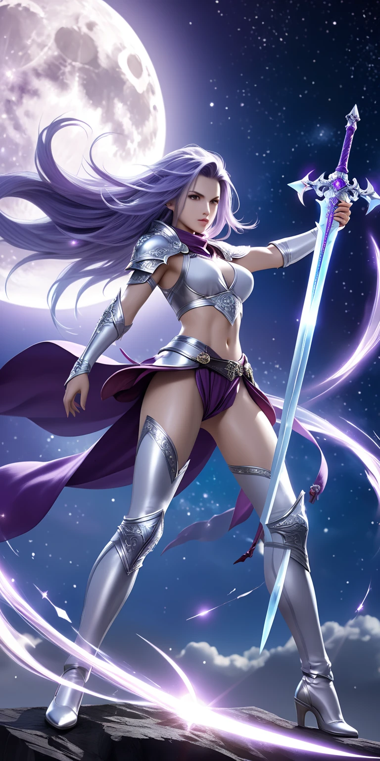 (masterpiece, top quality, best quality, official art, beautiful and aesthetic:1.2), (1girl:1.3), extremely long curly golden hair, extremely detailed, portrait, looking at viewer, solo, (full body:0.6), detailed background, close up, (cool science fiction space theme:1.1), extremely busty valkyrie, charlatan, mysterious, shooting lasers in space, cybernetic angel, huge feathered wings, chrome boob armor, dark purple streamers and skirts and sleeves and knee wrappings, cybernetic implants, mechanical hand, laser cannon, arm cannon, revealing chrome armor, bare midriff, glowing laser energy, halo, intricate armor, ornate chrome armor, sheer white fabric, elegant purple fabric, skirts, streamers, cowl, boots, bracers, ((((gigantic breasts)))), slim waist, slim hips, long legs, athletic, SPACE, futuristic moon, (space exterior:1.1) background, dark mysterious lighting, shadows, magical atmosphere, dutch angle