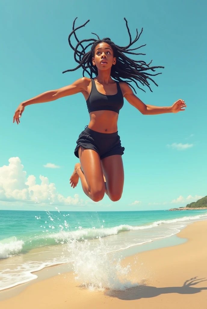 Black woman rollerblades on a beach with palm trees in the background, Danser sur une plage tropicale, joueuse de beach-volley, posing on a beach with the ocean, Athletic muscle tone, Femme de 30 ans de Cuba, jambes toniques, Danser sur la plage, dans un environnement en bord de mer, Athletic fashion photography, Image de profil, femme en forme, femme sur la plage