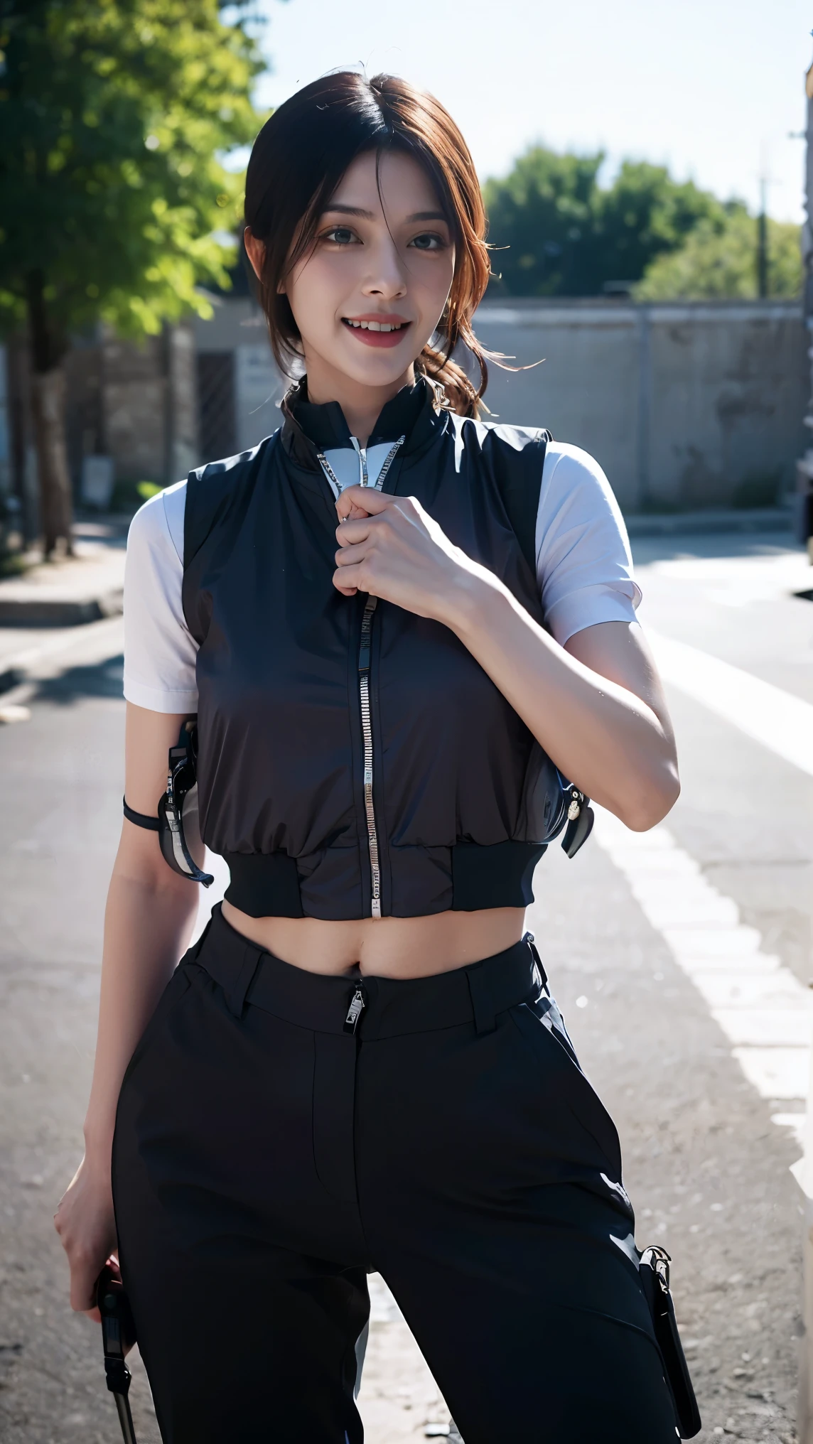 (masterpiece),best quality,amazing quality,beautiful face, ((psychotic smile)), (holding bomb detonator detonation), best quality, expressive eyes, perfect face, reze, short hair, (((terrorist terror))), (((Suicidal bomber with bombs vest))), black hair, abs, Kazakhstani girl, combat knife holster, adidas training track long pants, simple bra, TNT, training, sweaty, tire, standing, shoes, legs, navel, reze, adidas leggings, training, reze, black hair, green eyes, America schools background, cowboy shot perspective, black T-shirt, close-up TNT bomb, school background bomb