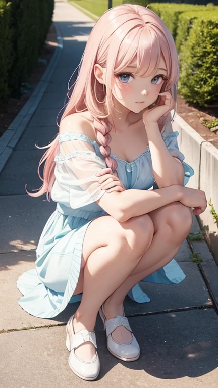 10 year old girl, pink sandal, pink hat, pink skirt, white blouse, white and green socks, pink hair, very long hair, freckles on face, strawberry print, countryside landscapes, whole body, pink lipstick, thin lips, small mouth, small breasts, high quality