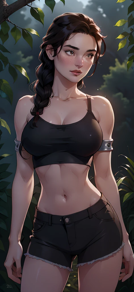 (highest quality,4K,8k,High resolution,masterpiece:1.2),Very detailed,(Realistic,photoRealistic,photo-Realistic:1.37),One Woman, Leona Heidern, Leona MS,Blue Hair, blue eyes, ponytail, Muscular and healthy body,


Armpit details,Beautifully detailed sweat glands,Smooth skin texture,Carefully drawn,

Green shorts, Cleavage，On the stomach, Crop top, Black gloves, uniform, Green jacket, Yellow Tank Top,(humidity:1.3), Beautiful Eyes, (Attractive face:1.2), (Beautiful Skin),(Big Breasts),(Large areola),(Abdominal muscles),((Sticky with sweat)),In a dynamic pose,

king of fighters,Outdoor,Dense forest
