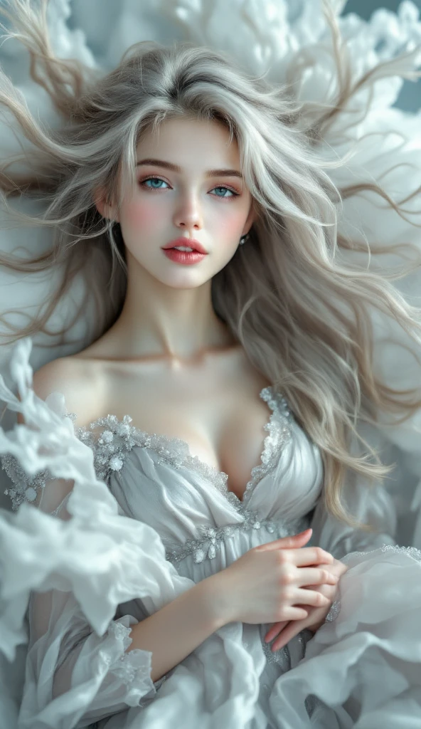 ((accurate anatomy, accurate body, accurate hands, Accurate feet)),((full body photo)), ((top quality, highest resolution, 8k)), Beautiful girl with a beautiful pear-shaped figure, silver hair, Straight hair, long hair, silver eyes, clean skin, pale skin, Shiny skin  : 2.0, Spirit King , 바람의 Spirit King , 그녀는 태초의 바람의 Spirit King 이다, She is lying on the clouds to control all the winds, Wind spirits are gathered around her, little wind fairy, She is wearing a silver dress, her pure smile, beautiful smiles