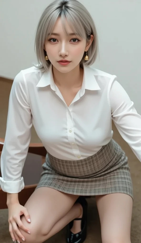 Transparent ultra-thin panties，best quality、16K High Resolution、Very detailed、masterpiece、Live shooting、Practical:1.4、Surrealism:1.4、Clear focus、Very delicate and beautiful、nitty gritty、1 female、(European:1.2)、(Blonde)、(Spread your legs:1.3)、(no panties:1.3)、(National Foundation:1.1)、 (Sitting at the table)、(Super beautiful)、(Pretty Face:1.5)、(Ponytail, stocking)、(Delicate face)、(beautiful eyes)、Perfect round eyes、(Delicate lips)、Lipstick、(Eyeliner)、mascara、Eyeshadow、(Military Green Pencil Skirt,)、White shirt、Green set, tie、In NSFW