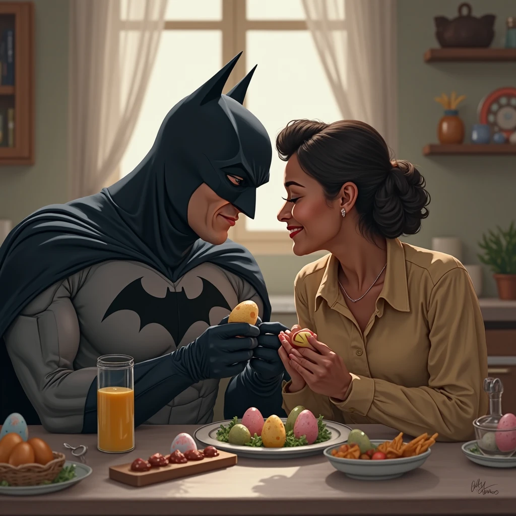 Wonder woman and Batman sits at a table with a big breakfast spread