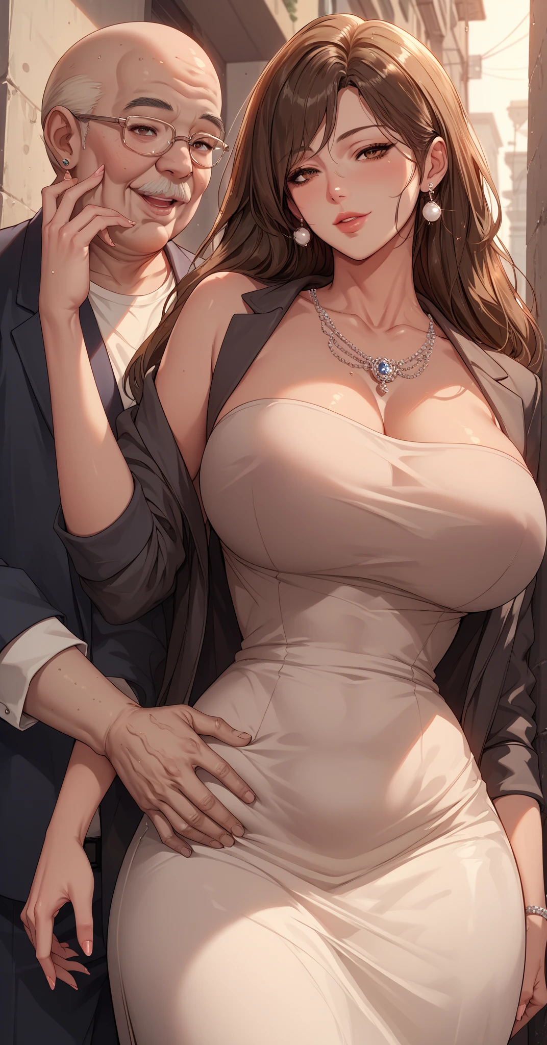 close-up, chest height-shot of heterosexual couple (1man, 1girl), sharp focus, highly detailed, cinematic lighting, 4k resolution, orange illumination, warm illumination, soft background blur, nsfw, background is the school headmaster's office
1girl: mature woman, takashirohiroko, long red hair, ((purple bra)), ((purple panties)), thighhighs, garters, perfect body, large breast, sweat on her skin, (facial expression: embarrassed, blushing),
1man: ((old asian man)), ((balding white hair)), wearing a brown suit, ((both hands softly touching girl's breast grab from behind)), he is a school headmaster,