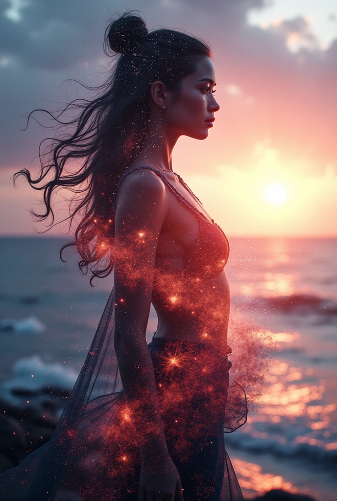high quality、8K Ultra HD、女神のシルエットとサンセットコーストを組み合わせた美しいDouble Exposure、The Sunset Coast serves as a backdrop.、The details are captured by the Goddess、Crisp lines、The background is monochrome、Sharp focus、Double Exposure、By yukisakura、Amazing full color。