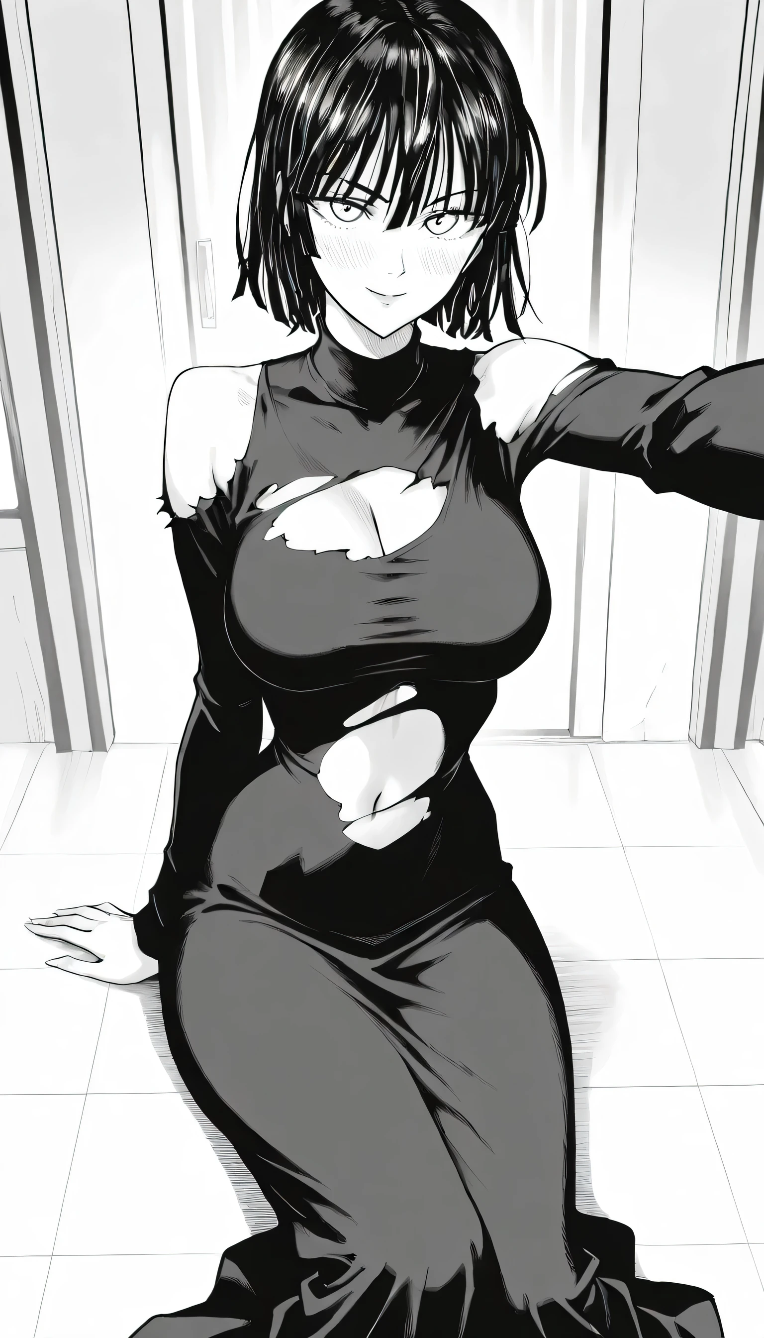 masterpiece, best quality, amazing quality, very aesthetic, intricate details, depth of field, scenery, BREAK.
monochrome, black and white, greyscale, screentones, halftone, ben-day dots, cross-hatching, hatching (texture), linear hatching, hatching \(art\), BREAK.
blush,
looking at viewer, smile expression, light smile,
(Smile eyed:1.2), (Enjoying eyes:1.2), (aged up:1.3),
BREAK.
(torn clothing:1.4), torn topwear,
(foreshortening:1.3), perspective,
torn black dress, long dress, long sleeves, turtleneck, , BREAK.
fubuki (one-punch man), white eyes, black hair, short hair, bangs, hair between eyes, large breasts, BREAK.,perfect navel,show off shoulders,laying on ground,torn cloth in shoulder,beautiful Curves,beautiful breasts,beautiful navel,torn clothe in legs,Beautiful legs,feminine body,physical signs indicate that fubuki is ready to have a sex,fubuki one her hand show her breast,fubuki design too close to her design in original manga,Clear skin indicates high personal cleanliness,fubuki by her hands cuts faster her clothes,beautiful breasts,big ass,