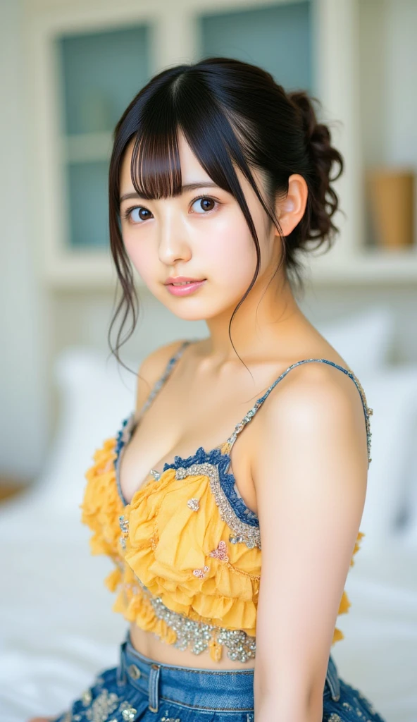(Cinematic Photo:1.3) of (Realistic:1.3),(Cosy:1.3) beautiful 12 year old girl, asian girl, (growing small breasts), (intricate light brown hair), highly detailed skin textures, lifelike skin texture, looking intimately directly at camera, (looking at viewer), pouting lips, Pastel, glitter, dramatic, dreamy, pastel flower garden, elegant, Whimsical, Delicate, Highly detailed, Intricate, UHD digital photo, Fantasy theme, mini bra, Fantasy concept art, Fantasy character art, beautiful young girl, gorgeous, beautiful body, highly detailed full body shot, dreamy, pastel, Watercolor, Whimsical, Delicate, Highly detailed texture, life like texture, digital painting, Highly Detailed photograph,(Art Deco:1.hotorealism:1.3),(Classical Realism:1.3),(Fujifilm Superia:1.3),naturalism, golden hour light, (David Hamilton style)