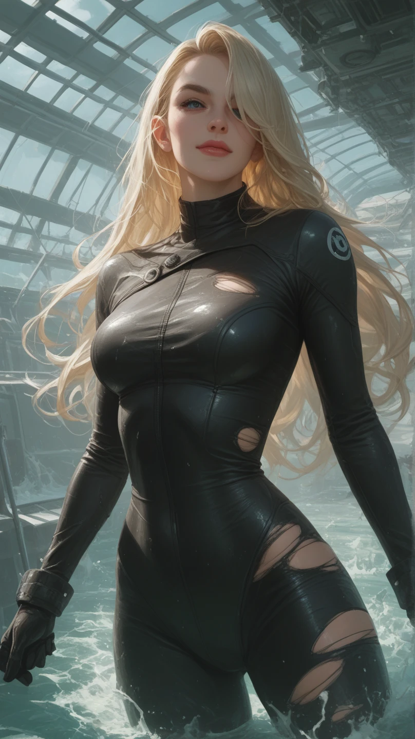 In the deep waters of Atlantis,A thriving underwater world,Underwater City,(Realistically:1.2),(Hentai Realism),(masterpiece:1.2),(Highest quality),(Hyper Detail),(8k,4K,Complex),(Full Body Shot:1),(85mm),Particle Light,Enlighten,(High detail:1.2),(Detailed face:1.2),Large Eyes,beautiful goddess woman,Putting on makeup,Perfect face,Perfect lighting,One girl,DC Superhero Movies,Participate in the film《Neptune》corner,Female Aquaman,Brown Hair,Long white hair,Bushy hair,Floated hair,Neptune,Neptune,Arthur Curry,Stormy Sea,Big waves,Strong winds and waves,The glow of death,Serious expression, Tight fitting leather clothing,Sexy tights,Lace pattern dress,High heels,Thin waist and thick hips,Upper Leg,Faust,Huge breasts,Fish scale costume,(Glowing Skin),Glowing Skin,Yellow aura of power,Green pupil,Gravel background,Broken Ground,(Detailed skin:1.3),(Nice hands),Fine hand,Detailed Background, Perfect Eyes, Captivating eyes, View your viewers, from the front,Cinematic light,Edge Light,Ultra-high resolution,Best Shadow,Delicate,Octanellender,Unreal Engine,Travel through the underwater world,Swimming Pose,Ambient wave effect,Holding a golden trident