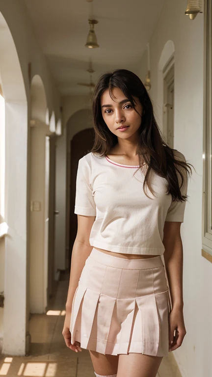 34 year old woman, mexican white skin, medium brown wavy gentleman, medium breasts, slim athletic body, Brown eyes, glasses for vision, wearing pink blouse, medium white skirt, posing under a tree at the altar.
