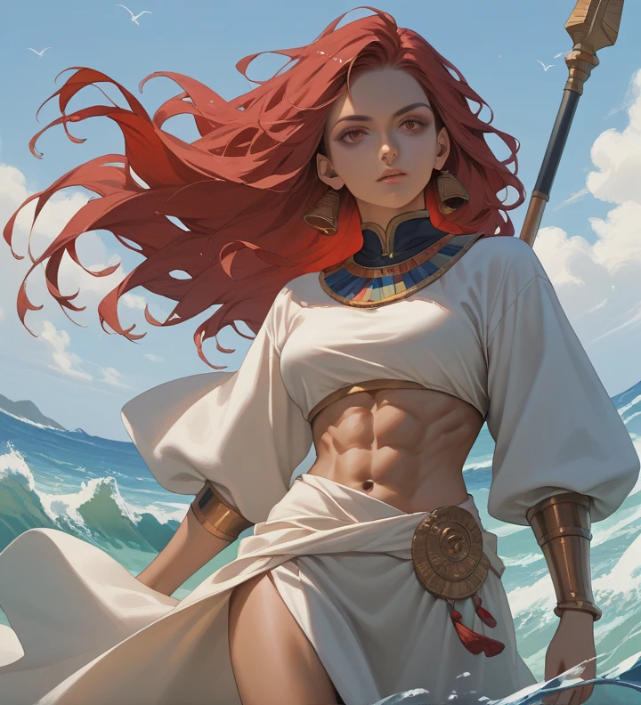 (Best Quality,ultra detailed,photorealistic:1.37) young girl, wine red hair, curly hair, adventuress, yellow eyes, white egyptian clothing, muscular body, Beautiful lips, angelic smile, with scrolls in hands, red that waves in the wind,seductive eyes,bright lips,pose sexy, Egypt, 2024, smiling in a confident and seductive way, White skin