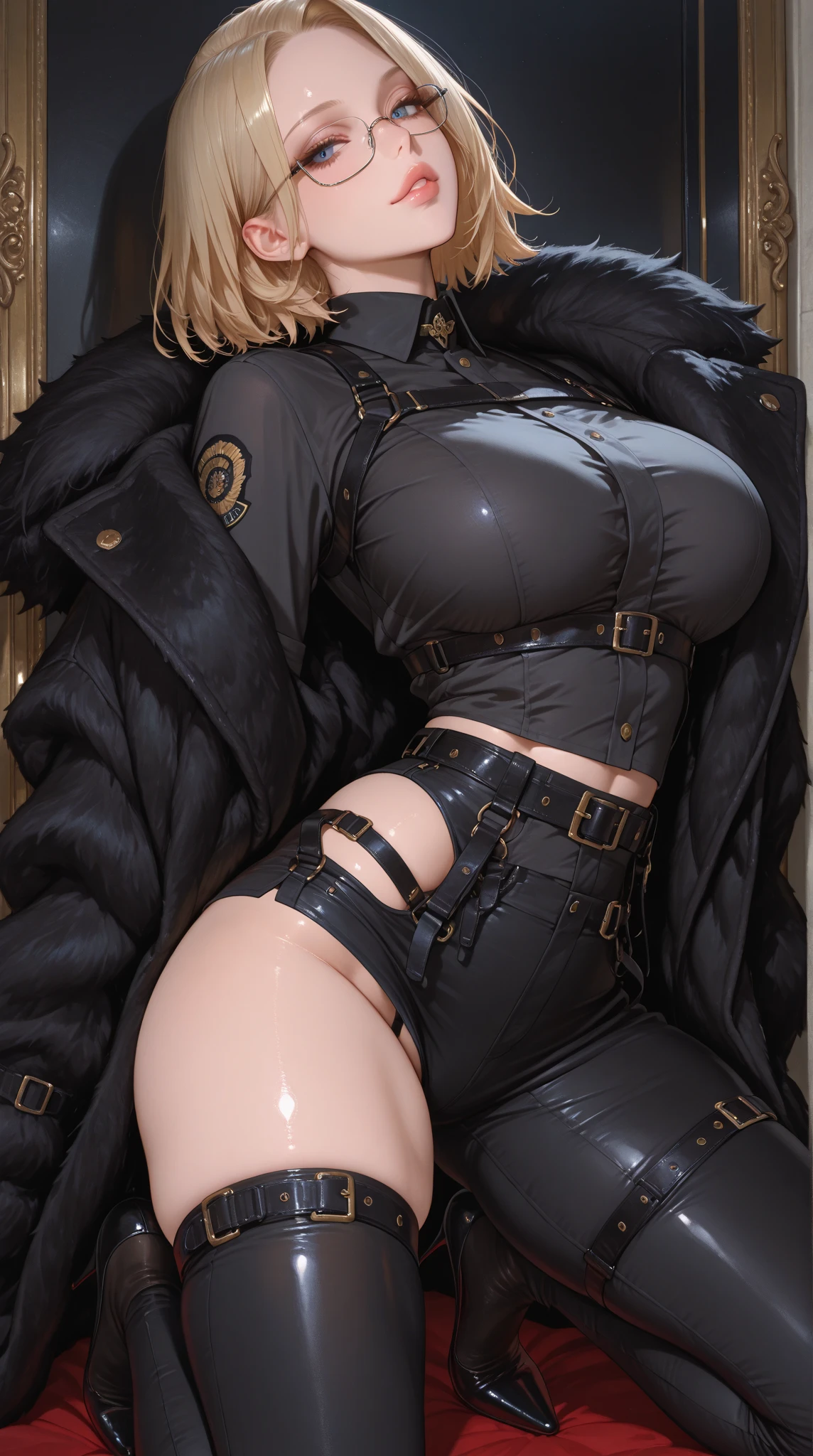 ((Cute and Sexy Curves, Steampunk Fashion, Obvious Cameltoe in Miniature Bikini, Highly Visible Thong Under Bikini, Prominent Defined Buttocks)), Bedroom, Lying Down, Silver Hair, Solo, Navel, Girl, Partially Opened Clothes, See-Through Bikini, Miniature Bikini, Blush, Angry Facial Expression, Visible Areolas, (Dark Skin Tone: 1.1), Large Breasts, POV, Wet Neckline, Thick Thighs, 4K HD, Super Realistic, Perfect Body, Perfect Lips, Perfect Nose