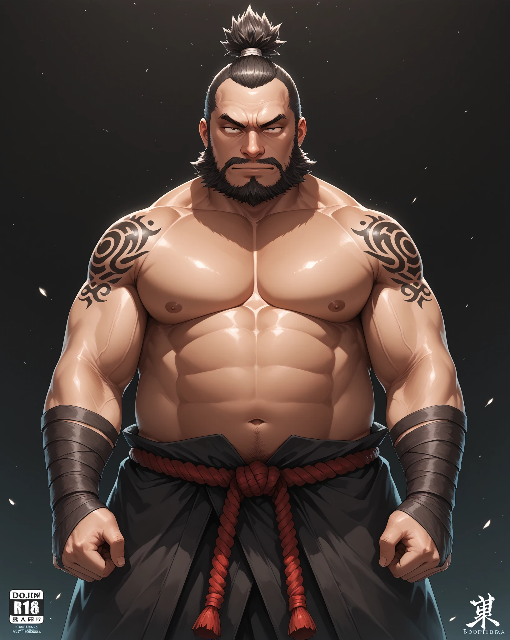 It is a full-length painting with natural colors in the style of ukiyo-e..。Mainly sumo wrestlers。uncultivated々Looks great、There is a black choppodge。He is a righteous wrestler who fights evil。He wears a sumo wrestler's kimono。Hakama is a little longer、Draw in a flowing shape that flutters in the wind。The fingers of the hand are5Boken。Katsushika Hokusai-style red tattoo on the body。With the highest quality、Masterpiece high-resolution ukiyo-e style