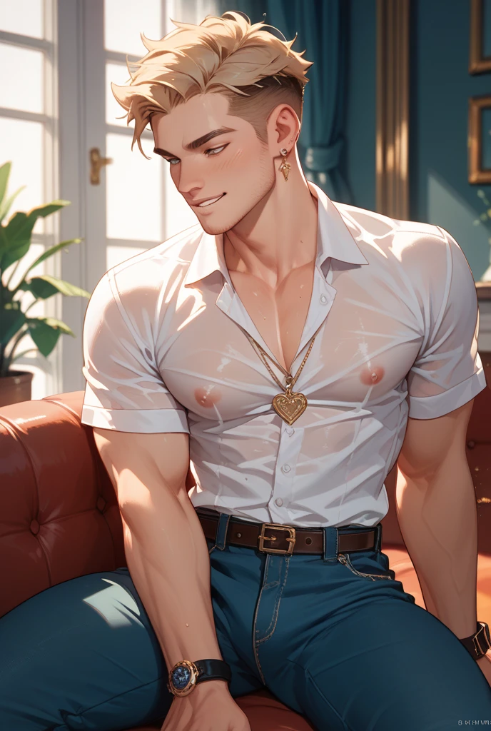 a handsome tall man, He is 28 years old,Thin waist,The pectoral muscles are well developed, He is 175cm tall,Weight 62 kg、yellow-green eyes、brown hair color、short hair、Shirtless、looking into camera,Smile,((lily)),cage,Lace-up,white rope,white cloth curtains,falling white petals