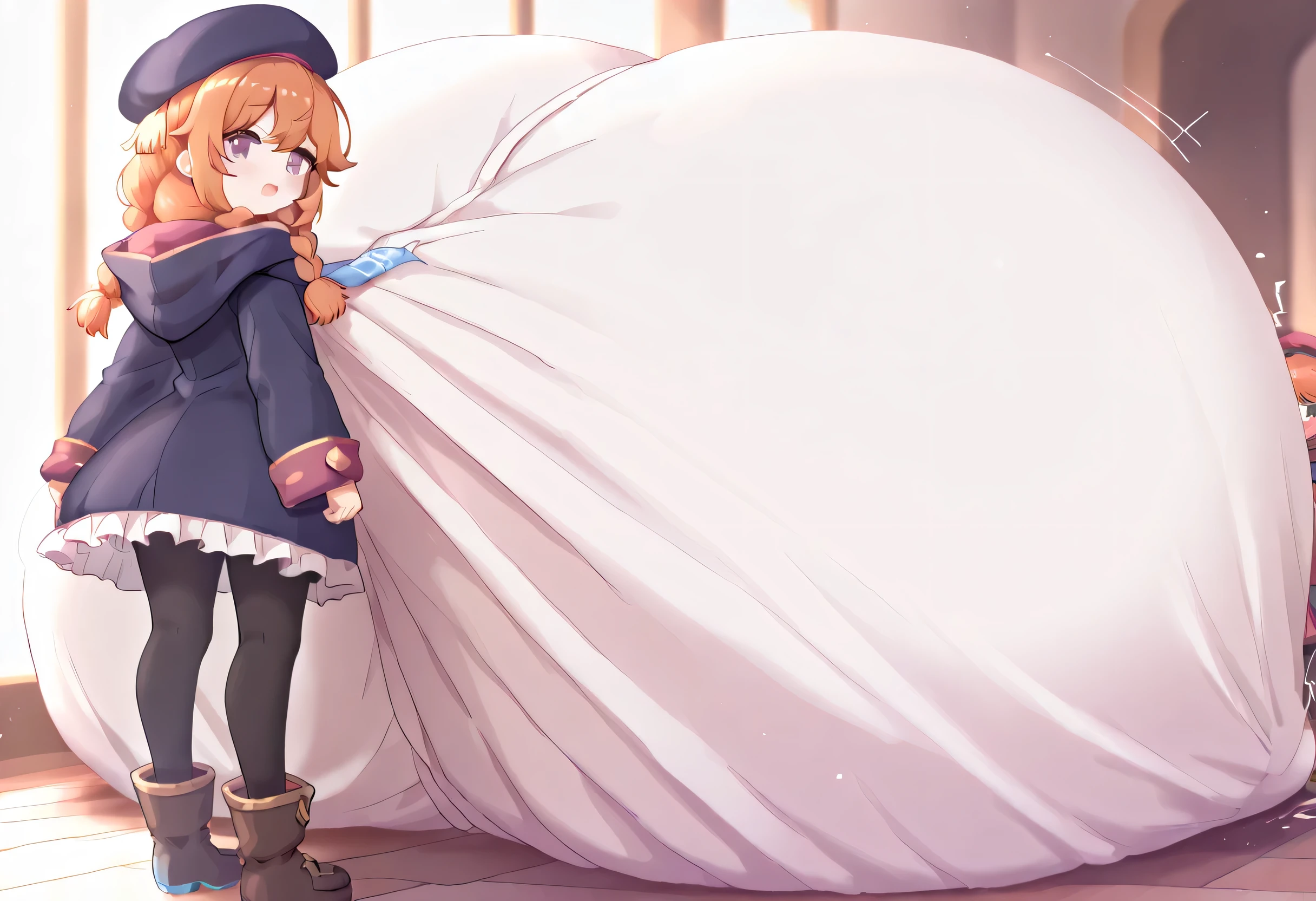 yuni-default,yuni \(princess connect!\),purple eyes, orange hair,twin braids,beret,st. theresa's girls academy school uniform,hooded coat,white skit,frilled skirt,black pantyhose,brown short boots,Hyper Breasts,
