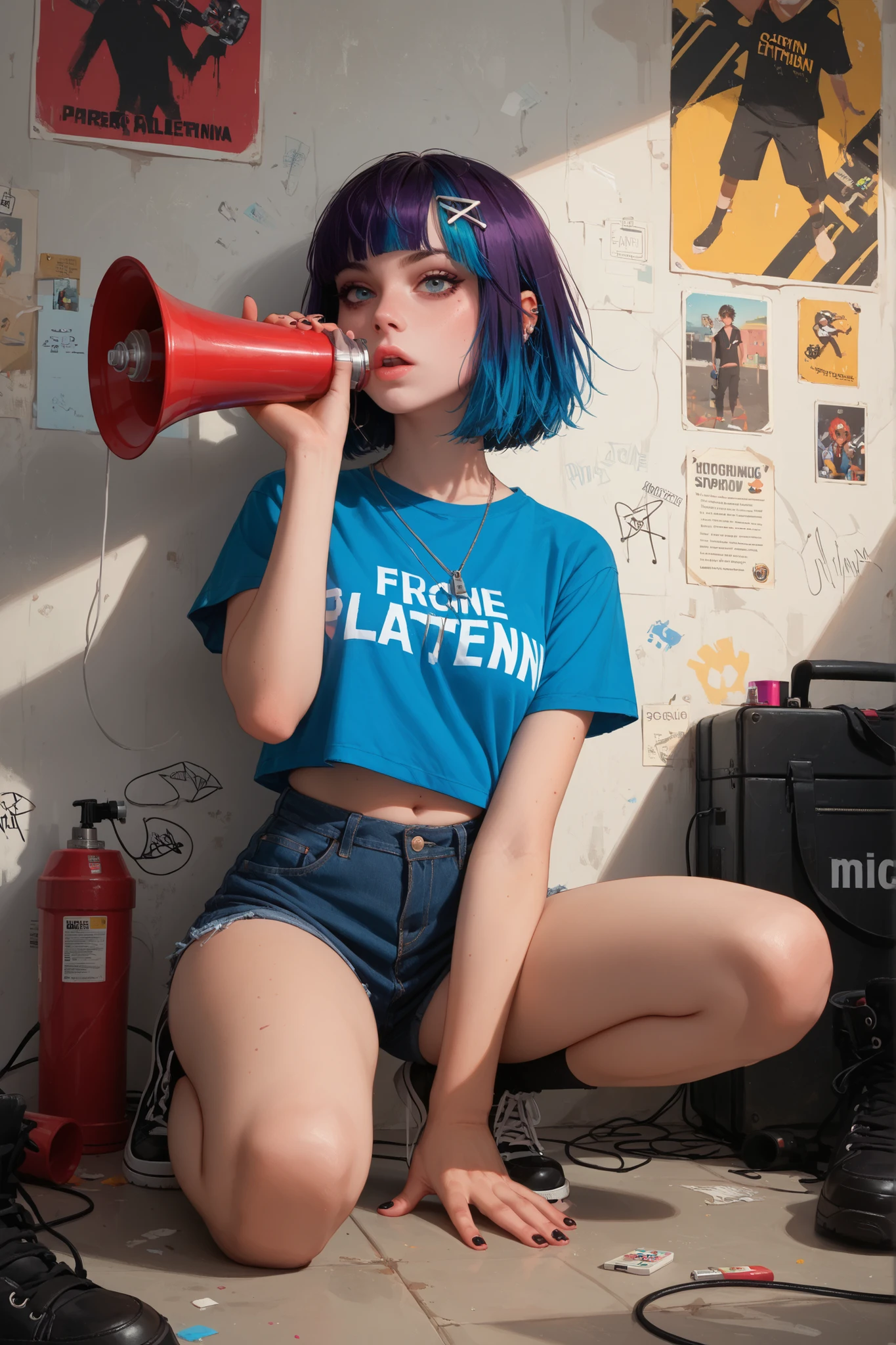 score_9, score_8_up, score_7_up, score_6_up, 1girl, Spray-painted wall with a message written in big bold letters, mic on the ground with a cord still sparking, megaphone tipped over — riot girl/emo anthem vibe