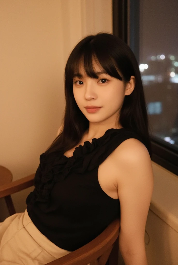 slender, mature Japanese female, (50 years old), Glamour, sexy, 1girl, long Hair, brown hair, bangs, nose, indoors, brown hair, large breasts, solo, bangs, wing collar, eyebrows visible through hair, nestled in the plush, white linens of her hotel bed, She’s wearing Frilly black lace babydoll and matching shorts, (lie on one’s back, on bed, spread legs:1.3), with the morning light filtering through sheer curtains behind her. Her expression is peaceful, with a subtle smile, embodying a relaxed start to the day. The opulent headboard and the fluffy pillows frame her, highlighting the luxury of her surroundings