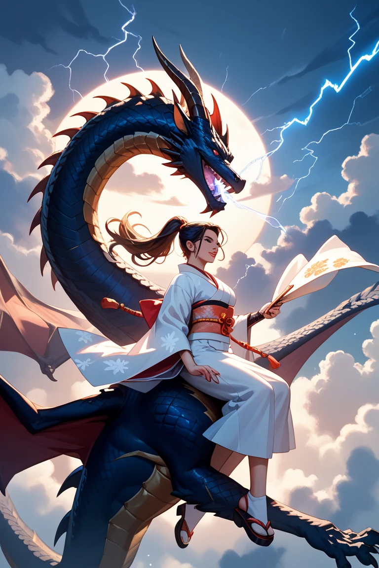 masterpiece, best quality, 1girl, <lora:kwFemale_Beta40-SDXL_v1:1>, white, chinese dragon, sky, cloud, waifu