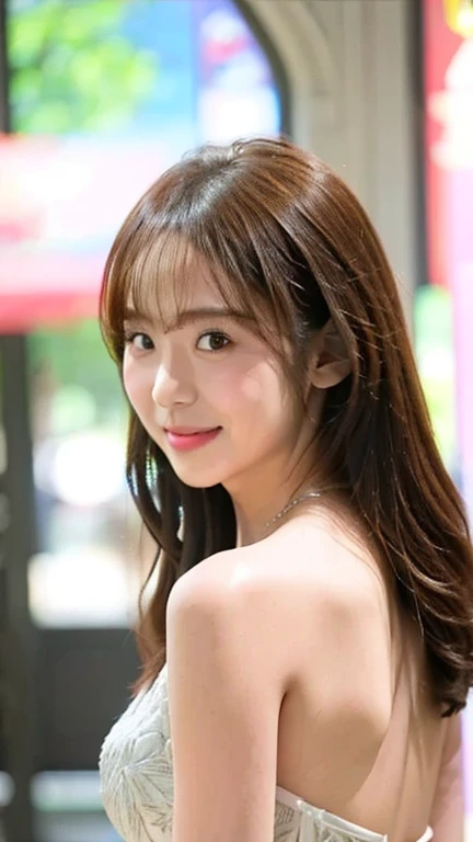 ((Highest quality、8k、masterpiece:1.4))、1 girl、smile、whole body、Small face、Beautiful woman、(Dark brown long hair)、Colorful short dresses:1.2、Ultra detailed face、Delicate eyes、double eyelid、Blurred Background、Small face、City、external、street、Random body orientation、