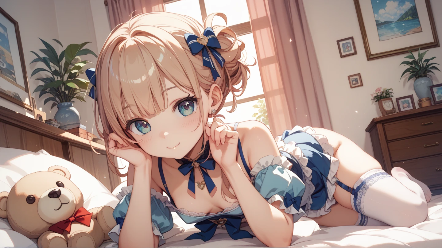masutepiece, Best Quality,hair flower sketch, flower, Hair Ornament, 1girl in, Animal ears, Blue eyes, white blossoms, Long hair, Solo, Black footwear, Looking at Viewer, blush, Long sleeves, animal ear fluff, Blue hair, Parted lips, Bangs, Komono, Full body, extra ear, Hair intake, Shorts, sash, all-fours, Kimono, hair between eye, Fox ears, shoes,masterpiece, super fine illustration, best quality, light particles, ultra-detailed, 8K wallpaper, (bright colors:1.2), solo, ((a little girl)), big breasts, (blonde hair), disheveled hair, short hair, twintail, two side up hair, scrunchie, curly hair, shiny hair, shiny skin, (wearing pale pink and white horizontal striped dress, short sleeve), (frilled miniskirt), (white legwear), ((horizontal striped panty)), (beautiful green eyes, shiny eyes, big eyes), affectionate smile, seductive smile, closed mouth, blush cheeks, (naughty room), (pink bed), (pink pillows), (pink curtain), looking back, get down all fours, nsfw, sunlight, shadow,