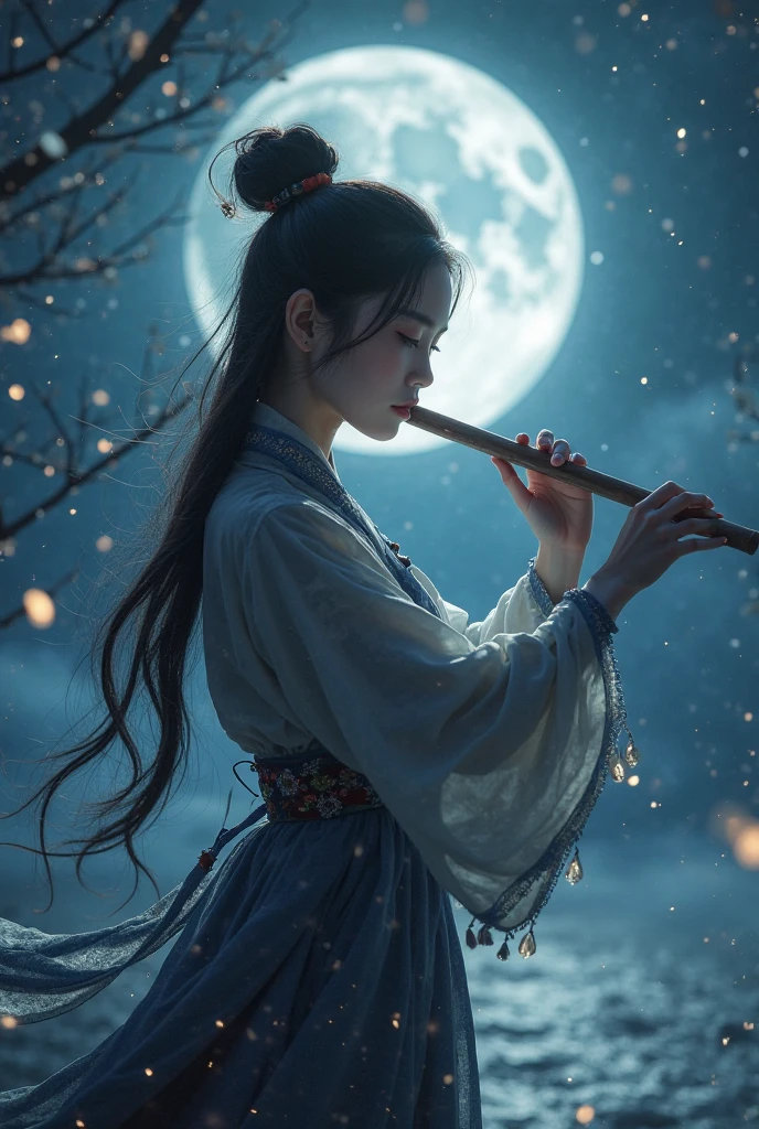 A Chinese girl plays the dizi (a Chinese flute) under the moonlight, evoking the spirit of wuxia (martial arts).