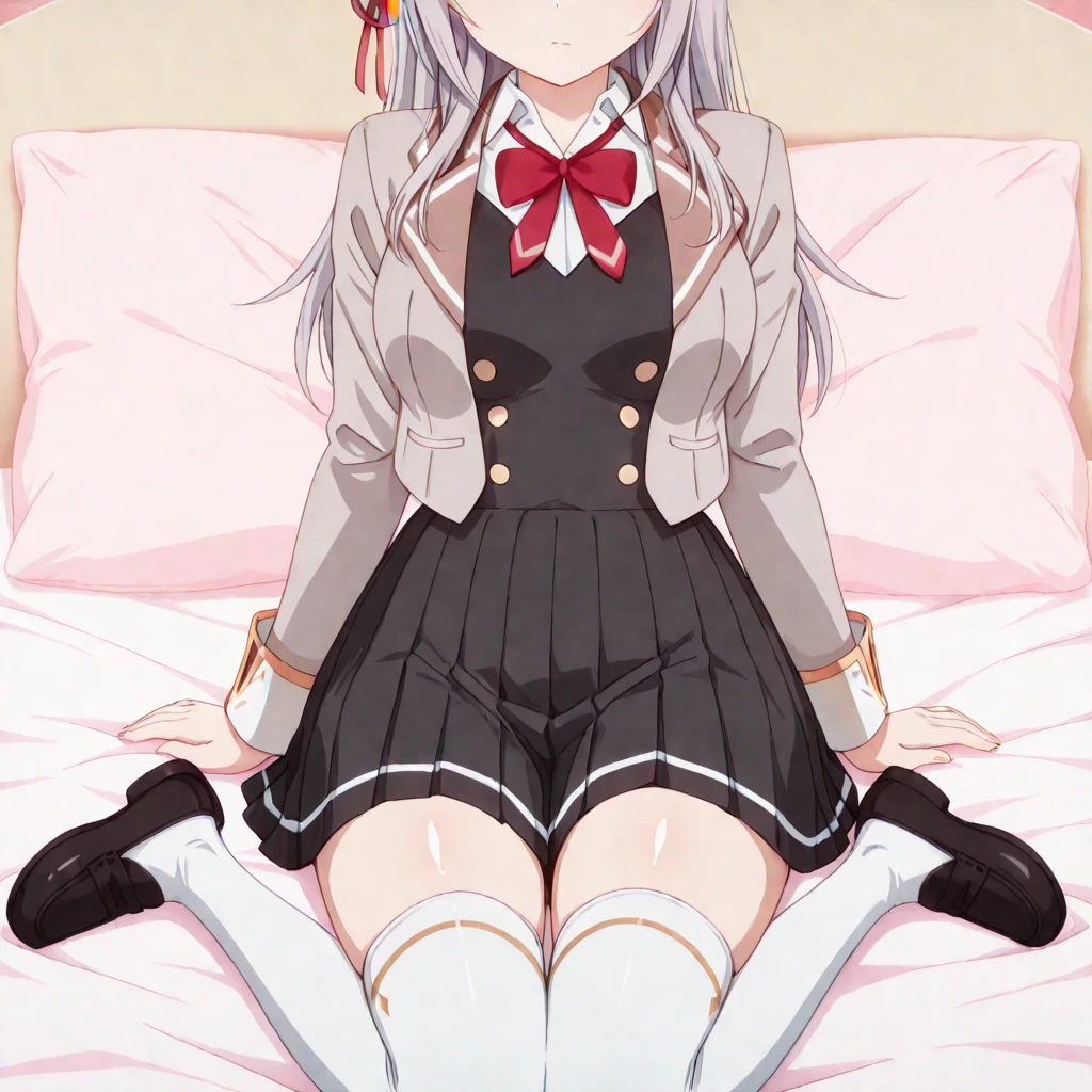 (((A Masterpiece、maximum quality、High resolution1.4)))、Lying on the bed and opening beautiful legs、all over the body、black-thigh-highs、huge tits、White background、Grown-up、Bewitching look、Arms behind your head、Landscape、Long blonde wave、Dressed in a pink sailor suit、Red miniskirt with red collar、Red ribbon、(((Delicate face 1.4)))、Beautiful anime schoolgirl。