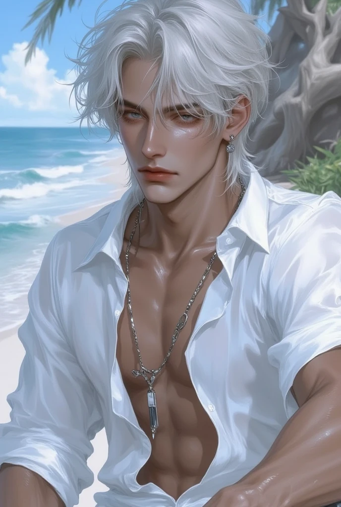 {{portrait, dutch angle}} {{Artist: cutesexyrobutts}} 1male, solo, male, white hair, short hair, white eyes, leather jacket, jeans, outdoors, beach, overcast, looking at viewer, standing, fog, modern-day, cigarette, smoking, day, stubble