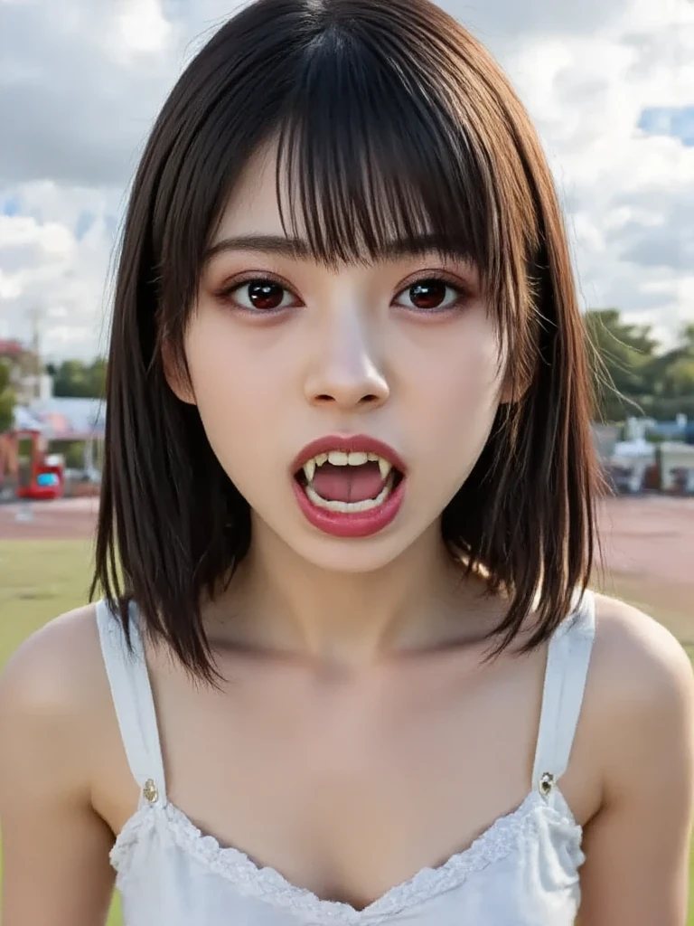 triangle-bikini,(open mouth:1.5),(tongue out:2),Kneeling,Hands Behind Back,Collar with leash,front view,face focus,from above(1girl,Beautiful 14 year old girl,teenager),((Slender,Small breasts,Small face,)),(looking at viewer),Black Hair,bangs,straight,Beautiful and detailed,grass