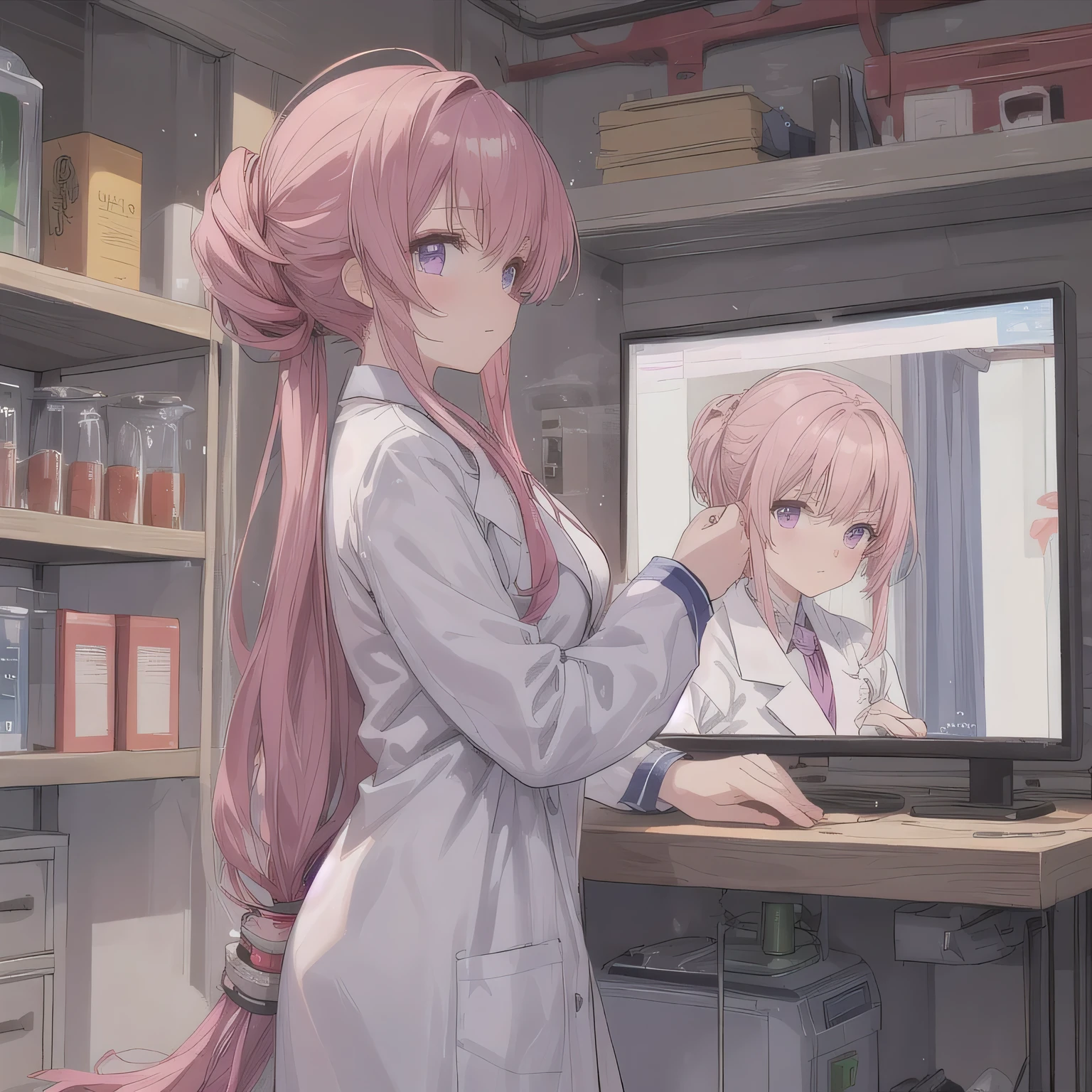 ((masterpiece, best quality)), (1girl),((mature female)), lightpink hair, halo, horn, ((office lady )),bangs,middle breast,(busty),slim,smile, [wide hips],office,standing, aru \(blue archive\),Tsubaki girl play in the stream happily