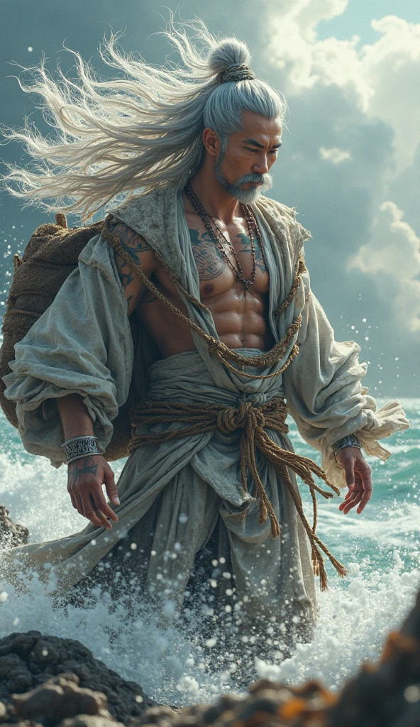 "Create an ultra-realistic, 8K resolution image of Fujin, the Japanese god of wind, in a vertical 9:16 aspect ratio. Fujin is depicted as a powerful, muscular figure with wild, silver hair flowing fiercely in the wind, symbolizing his command over the elements. He wears traditional, weathered clothing that flutters dynamically around him, accentuating the raw, elemental power he embodies. His body is adorned with ancient, intricate tattoos that highlight his divine nature, and he carries a large, weathered sack over his shoulder, from which the wind seems to be unleashed.
The setting is a rugged, coastal landscape with crashing waves below and a sky filled with stormy clouds, all swirling in response to Fujin's presence. His intense, focused expression captures the essence of his role as the master of the winds. The image should convey a sense of both awe and reverence, blending traditional Japanese iconography with a modern, dynamic portrayal of this powerful deity."