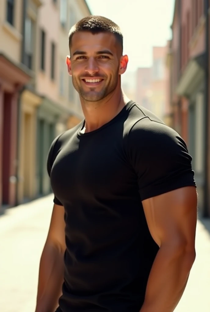  sunny day,sunlit, he has brien tanned skin, which everyone thinks is very sexy, he has perfect handsome chiseled face with gorgeous deep blue eyes,he is walking in a street in a sunny bday, showing off his sexy abs, he has shaved his body hair and shaved pubic hair, he is also wearing a low waist white shorts.he is smiling flirting,