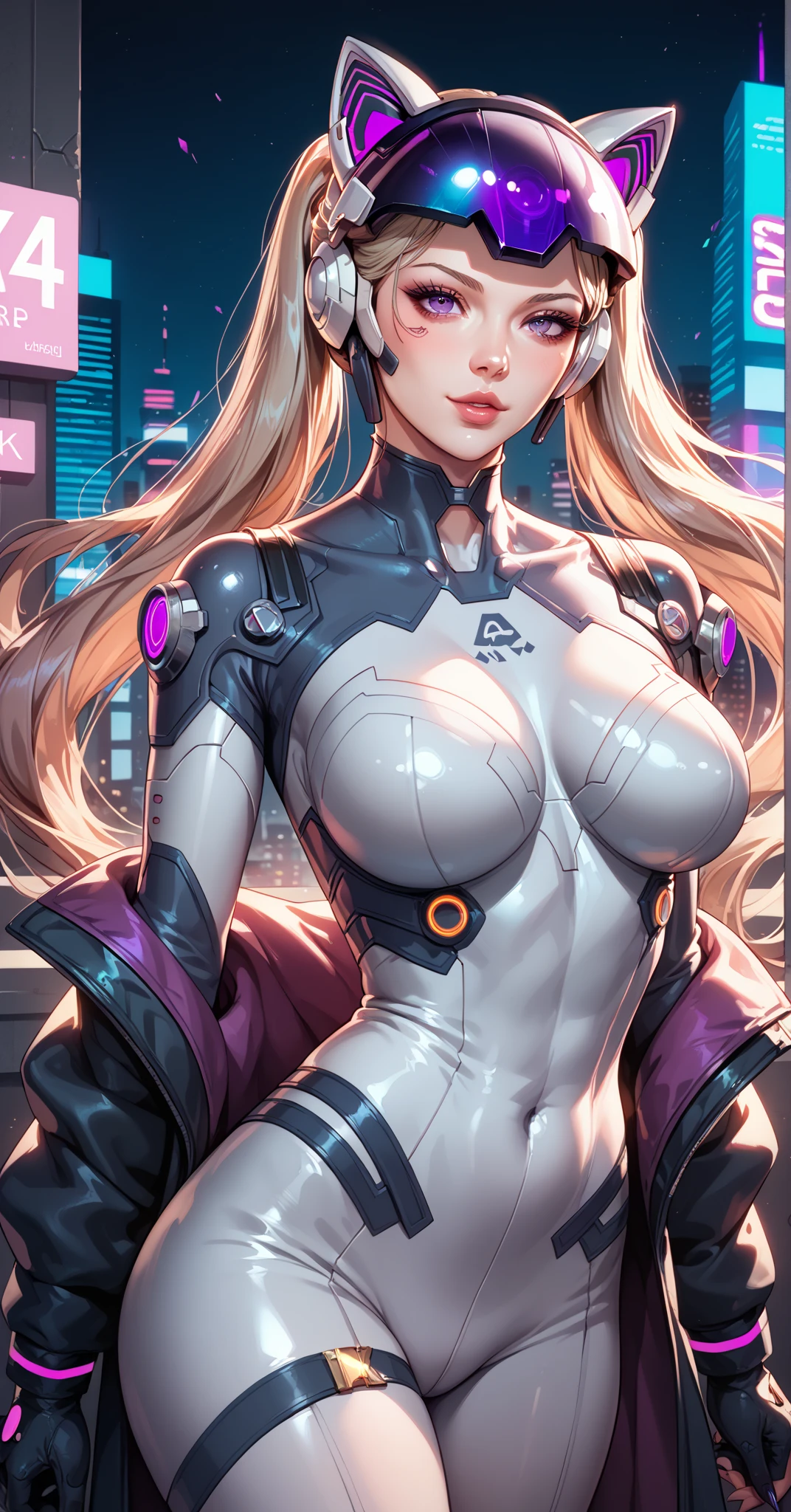 samus aran, simple background,colorfull yellow and blue ,blonde hair,cyberpunk ,thick thigs,thick,ample bosom,front pose,looking in camera,cybernatic torso,full body suit,front pose,