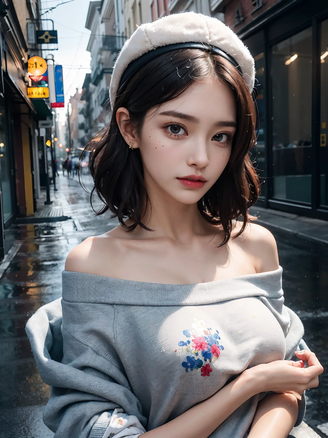 ((Best quality, 8k, Masterpiece :1.3)), 1girl, Pretty woman with slender, Huge breasts,Short Hair, Down Jacket,Ultra-detailed face, Detailed eyes, Double eyelid