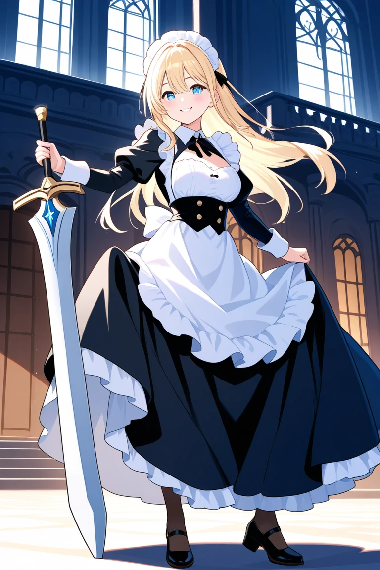 an elegant woman with flowing hair in a blue dress and skirt carrying a scythe, 1girl, arcueid brunestud, solo, breasts, long hair, blonde hair, red eyes, cleavage, large breasts, dress, bare shoulders, detached sleeves, very long hair, arcueid